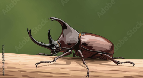 Detailed vector illustration of a five-horned rhinoceros beetle (Eupatorus gracilicornis) perched on a wood log. Features multiple black horns, brown carapace, and a solid green background.