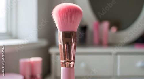 Soft pink cosmetic powder brush on dressing table workspace dressing room background close up