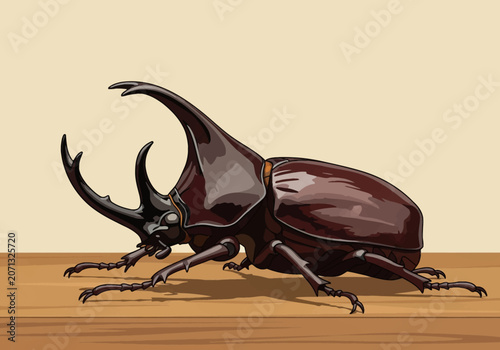 Detailed vector illustration of a rhinoceros beetle with large curved horns and glossy brown chitinous exoskeleton, positioned in side profile view on a wooden table surface.