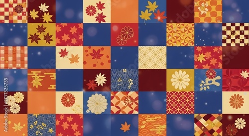 Traditional Japanese mosaic grid patchwork pattern with classic floral and geometric motifs