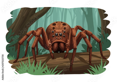Detailed vector illustration of a large brown spider with eight eyes and hairy legs resting on a fallen log in a dense forest setting with green foliage and tree trunks.
