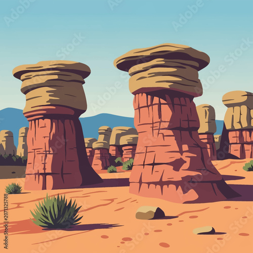 Stylized vector illustration of tall sandstone hoodoos and balanced rock pinnacles in an arid desert landscape with clear blue sky and layered geological rock formations.