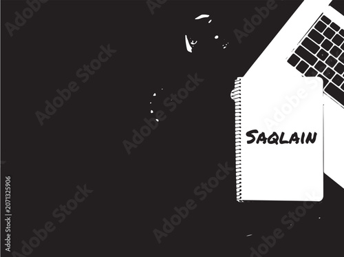 Laptop Computer with Spiral Notebook, Business Technology Flat Lay Vector on Dark Background