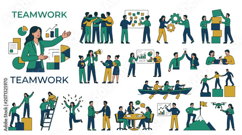 Business teamwork flat vector icons, professional office collaboration set, corporate partnership and team building illustrations for web design