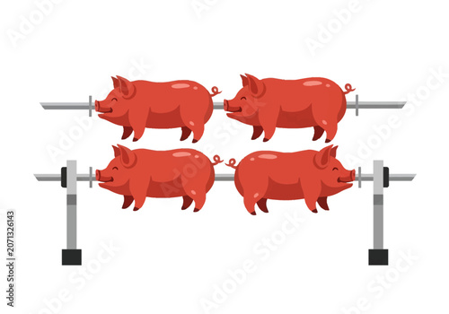 Cartoon vector illustration of four red whole pigs roasting on metal spit rotisserie bars, isolated on white background, BBQ pork meat grilling concept graphic art for food menus.