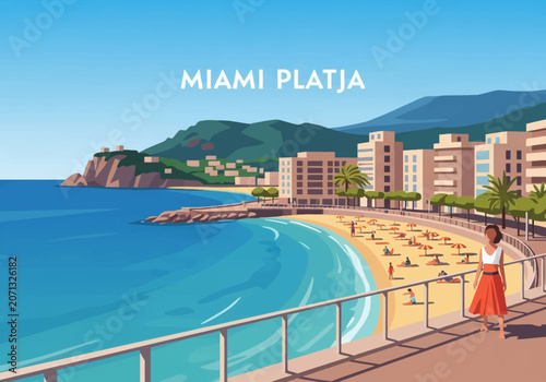 Vector illustration of Miami Platja coastline in Spain featuring sandy beach with umbrellas, Mediterranean sea, waterfront buildings, mountain backdrop, and a woman walking on the promenade.