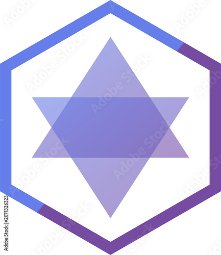 Modern geometric purple and blue six pointed star icon inside a bold hexagonal frame graphic illustration