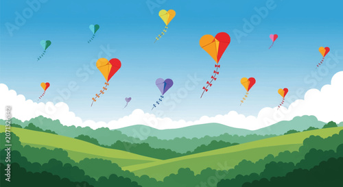 Vector illustration of multiple colorful heart-shaped kites soaring through a clear blue sky with fluffy white clouds above green rolling hills and lush forest landscapes.