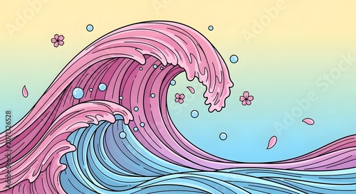 Cute aesthetic pastel pink and blue sea waves drawing illustration with cherry blossom elements