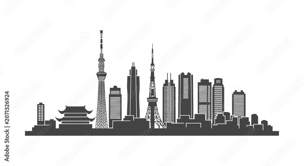 Fototapeta premium Modern tokyo skyline silhouette with iconic towers and skyscrapers