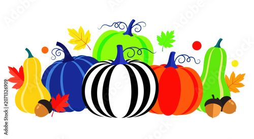 Colorful assortment of autumn pumpkins and squash with fall leaves