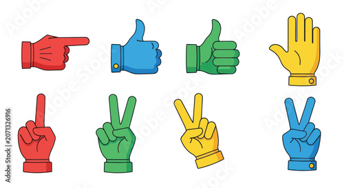 Colorful gloved hand gestures showing signs and signals