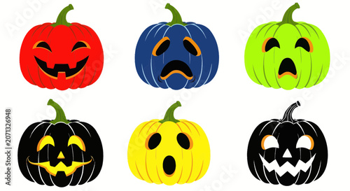 Colorful halloween pumpkins with various facial expressions
