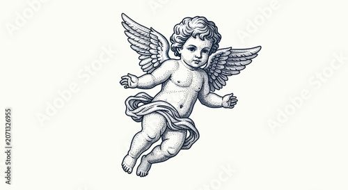 Classical flying cherub in a vintage stipple engraving style