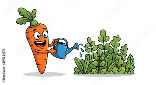 Smiling carrot mascot watering green vegetables with a blue can