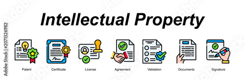 Intellectual Property banner web icon vector illustration concept with an icon of Patent, Certificate, License, Agreement, Validation, Documents, Signature 