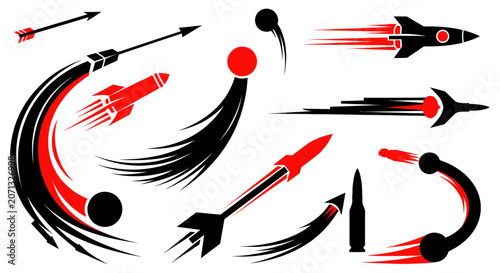 Black and red flying rockets and arrows with motion trails