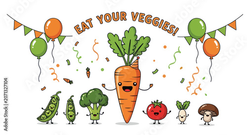 Happy cartoon vegetable characters celebrating eat your veggies
