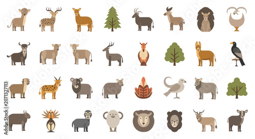 Forest animal and nature icons in earth tone minimalist style