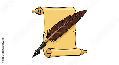 Ancient parchment scroll with a brown quill feather pen