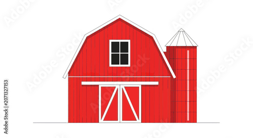 Traditional red farm barn with silo and white trim