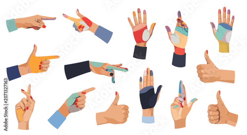 Diverse hand gestures showing pointing thumbs up and palm signs