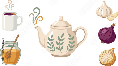 Bild auf Leinwand Herbal Tea and Natural Home Remedy Vector Set with Ceramic Teapot Hot Mug Honey