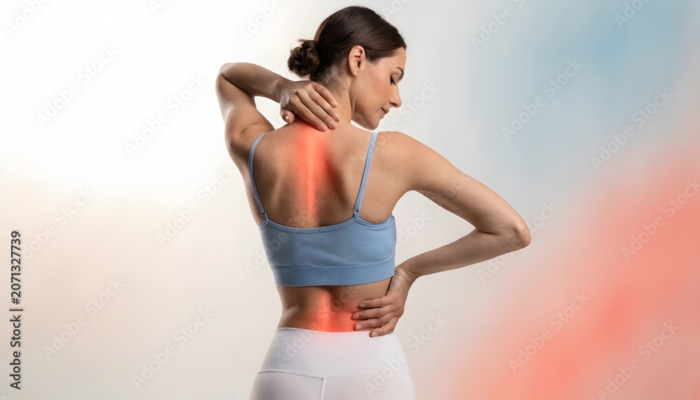 Fototapeta premium Full back inflammation and cervical spine tension. Chiropractic care or wellness therapy need. Woman in sportswear touching her aching neck and lower back with red pain highlights