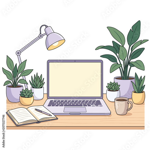 Laptop on desk with plants and lamp.