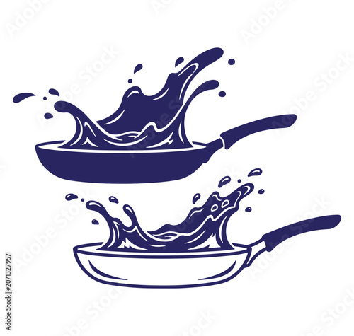 Two frying pans showcasing a cooking splash of liquid in a modern minimalistic style