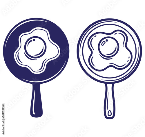 Two simple line art illustrations of fried eggs in frying pans on a white background