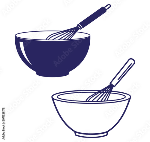 Two mixing bowls and whisks illustrated in a modern minimalist two tone color style