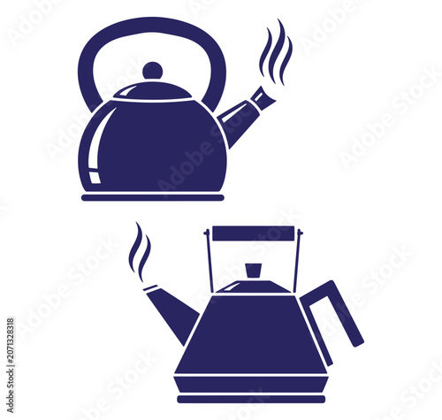 Two steam kettle icons in navy blue depicting hot beverages and preparation