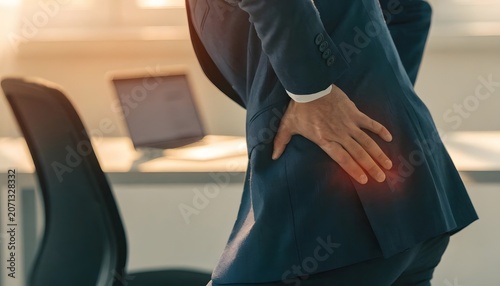 Close up of businessman in office holding painful hip and lower back. Sedentary lifestyle issues and sciatic nerve pain. Professional in suit suffering from backache at workplace