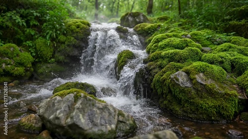 The images depict a serene forest scene featuring a small, cascading waterfall flowing over moss covered rocks