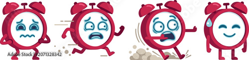 Foto Minimalist Red Alarm Clock Cartoon Character Mascot Set with Panic Fear Anxious