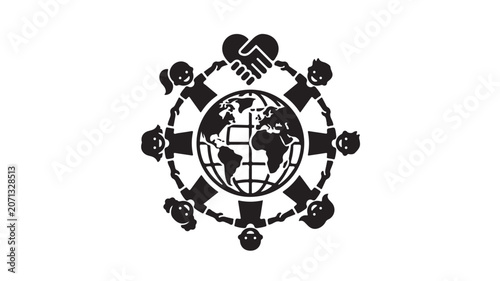 Global Unity Vector Icon with Diverse People Holding Hands Around Earth