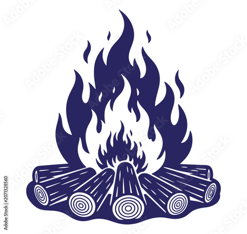 Vector illustration of a blue campfire with burning flames and stacked logs for outdoors