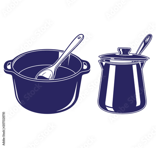 Vector illustration of a cooking pot and a kettle with spoons for culinary themes.