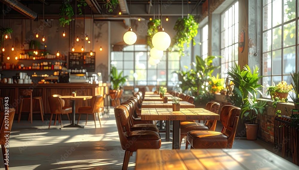 Fototapeta premium Modern Restaurant Interior with Natural Light and Lush Greenery.