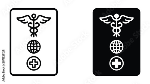 Global medical caduceus symbol icon set with world and cross in outline and solid black vector style for international healthcare organizations and medical research institution identity design