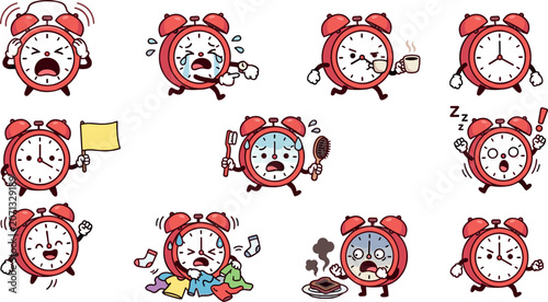 Fotografie Cute Cartoon Alarm Clock Character Mascot Set with Morning Routine Emotions Stre