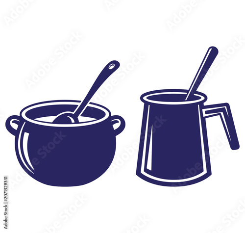 Vector illustration of a pot and a pitcher with spoons ready for cooking or serving
