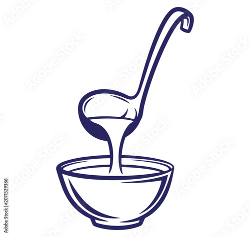 Vector illustration of a ladle pouring liquid into a bowl for food preparation