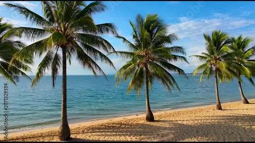 The sequence of images depicts a tranquil beach scene with a row of palm trees lining a sandy shoreline