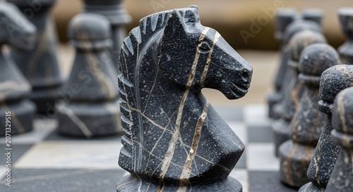 Close up shot of black knight chess piece on wooden chessboard strategy layout