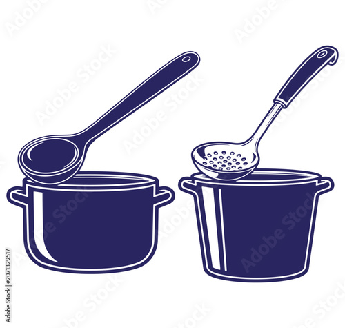 Vector illustration of kitchen cookware including pots ladle and serving spoon isolated