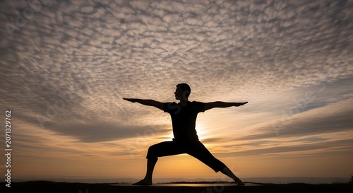 Peaceful silhouette of man practicing yoga pose on hill during dramatic sunset sky