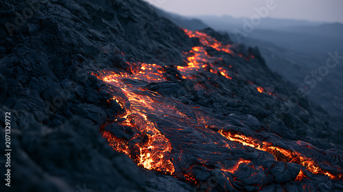 A hill covered in molten rock that has flowed down