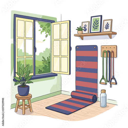 Yoga room with open window and plant.